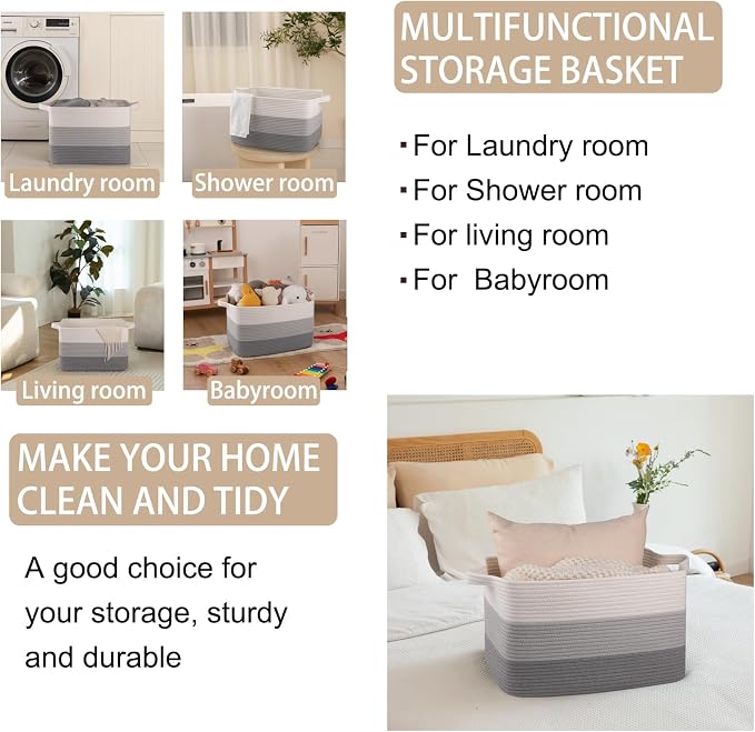 OIAHOMY Woven Blanket Basket Laundry Basket Dog Toy Basket Gradient Grey | Large Storage Basket,Baby Basket,Toy Storage,Woven Rope Basket for Blankets,Blanket Storage for Living Room