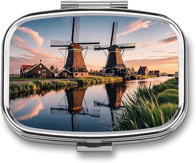 Dutch Windmill Pill Box 2 Compartment Medicine Pill Case Portable Pill Organizer for Pocket Or Purse Decorative Metal Medicine Vitamin Organizer