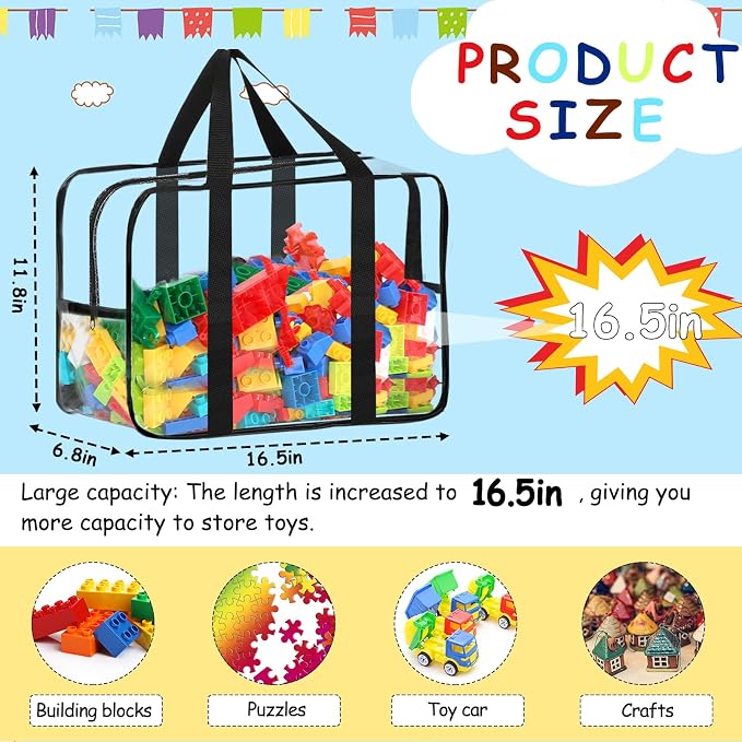 6 Packs XXL Toy Storage Bags 16.5×11.8×6.8In with Labels, Large Capacity Reusable Clear PVC Board Game Storage, Travel Waterproof Organizer Bags with Zipper