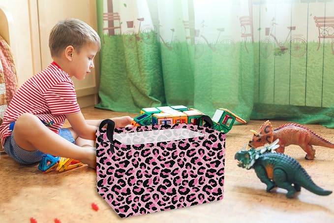 Essme Rectangular Baskets,Pink Storage Basket with Handles for Room Decor, Leopard Print Box,Cute Storage Bin（Pink leopard print）