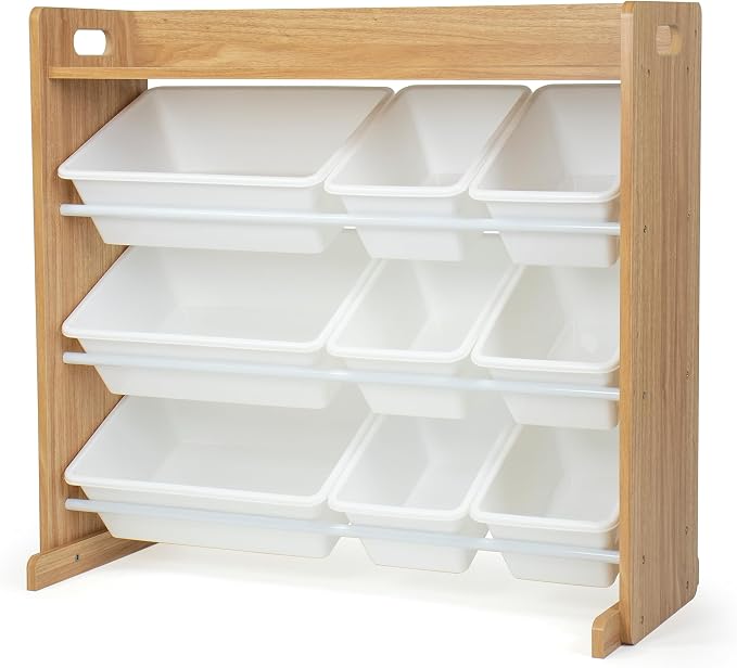 Humble Crew Kids Toy Organizer with Display Shelf, 9 Bins, 3 Tier Storage | Sturdy wood and steel toddler shelf, removable BPA-free containers, wall anchor anti-tip safety kit for bedroom or classroom