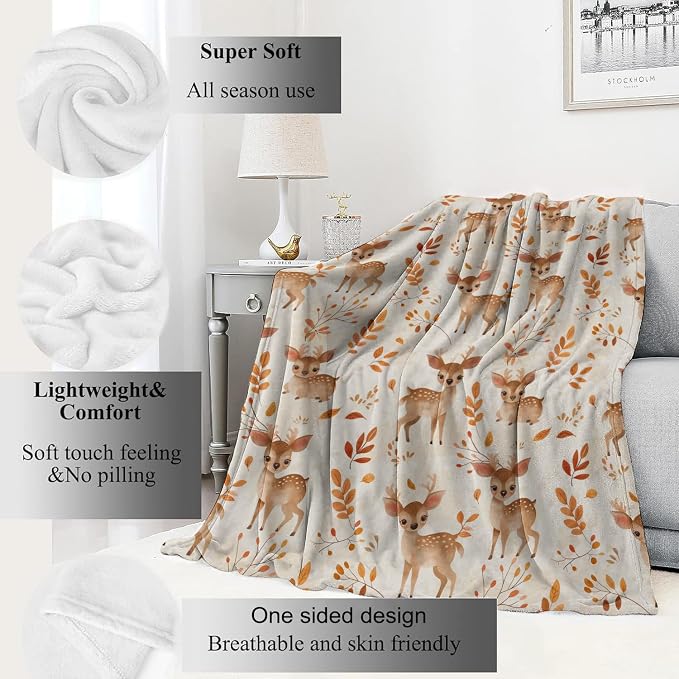 Whimsical Deer Blanket Cute Fawn and Autumn Leaves Throw Blankets Gifts for Kids Girls Lightweight Soft Fleece Cozy for Sofa Couch Bed Room Travel Birthday Decor 50x60in