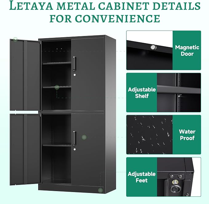 Metal Storage Cabinet with Lock Door, Adjustable Shelf Steel Cabinets for Office, Home,Pantry,Kitchen,Garage Utility Cabinet (4 Door-Black)