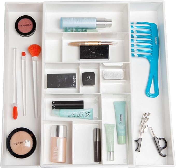 Dial Industries Expandable Vanity Drawer Makeup Organizer Desk Storage Tray | Adjusts to fit narrow or wide drawers, Keeps brushes, jewelry and cosmetics separated, Great for bathrooms or bedrooms