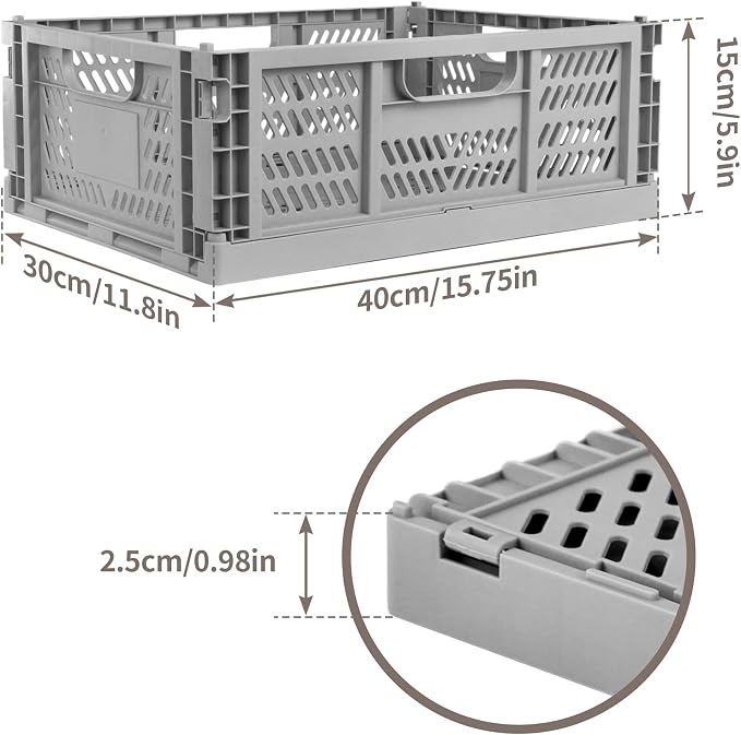 2 Pack Stackable Storage Crates, Plastic Foldable Baskets Large, Gray | Easy-carry handles, suitable for toys books groceries office supplies and household storage for home office shopping