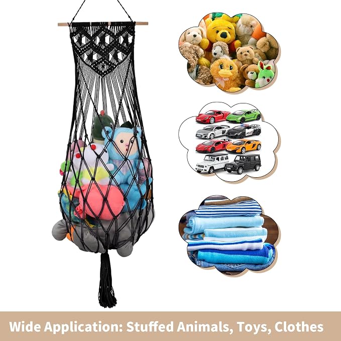 63Inch Stuffed Animal Storage Hammock Corner,Boho Plushie Net,Black | Wall Ceiling Over Door Hanging Hammock for Stuffed Animals,Macrame Stuffy Storage Holder w/Star Lights,Nursery Playroom Decor