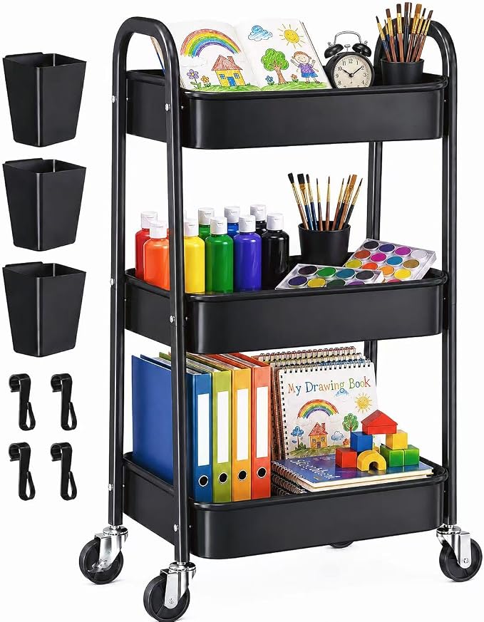 3 Tier Metal Rolling Cart Organizer, Black Utility Storage Cart with Wheels | Three Tiered Utility Roller Shelf for Craft, Art Supply, Snack, Laundry, Bathroom, Baby Essentials, Diaper Caddy, Nursery