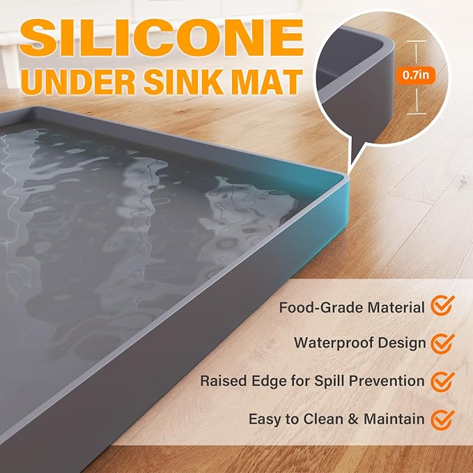FLATO Waterproof Under Sink Mat, 40" x 22", Beige | Shelf Liner for Kitchen and Bathroom, Cabinet Protector, Organizers and Storage, Flexible Silicone Drip Tray
