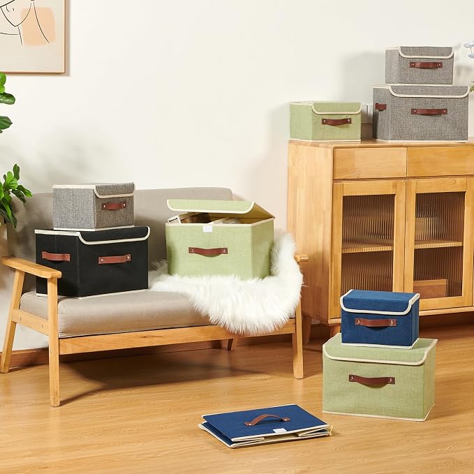 Storage Boxes with Lids Cotton Linen Fabric Bins Baskets | Decorative Collapsible Washable, Clothes Container Organizer for Closet Shelf, w/ Faux Leather Handles, Green, Large
