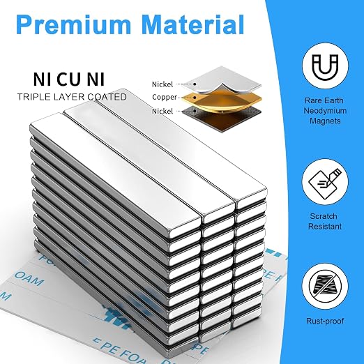 Rare Earth Magnets, 30 Pack Strong Neodymium Magnets, 60x10x3 mm | Rectangular Bar Magnets Strip with Double Sided Adhesive for Window Curtain Indoor Outdoor Light Lamp, Silver