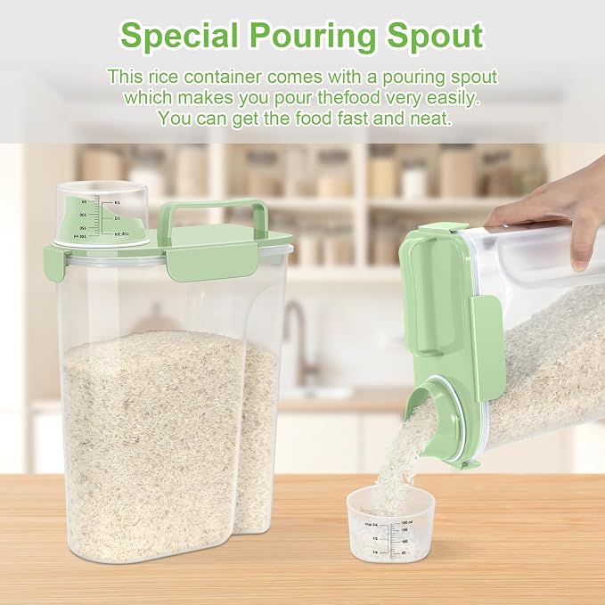 LEAWALK Airtight Rice Storage Container, Cereal Dry Food Flour and Sugar Bin, Dog Cat Food Dispenser with Measuring Cup, BPA Free Clear Plastic Kitchen (Green, 5L-1pack)