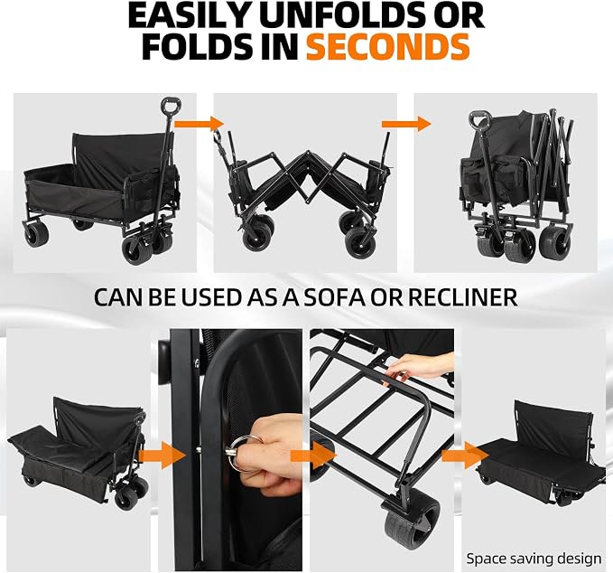 Collapsible Folding Wagon, 440LBS Heavy Duty Utility Carts,Reclining Camper,Expandable Storage，Padded and Wheeled, All Terrain Wheels, Great for Camping, Outdoors, Shopping, Portable,150L Large Wagon
