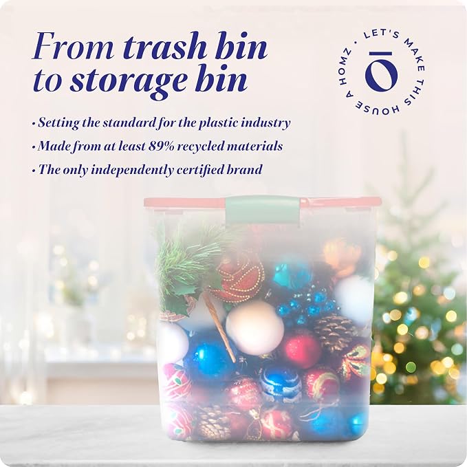 HOMZ 2-Pack Holiday Tote, Clear Plastic Storage Bins w/Lids & Dividers, 112 Quart, Red - Stackable Organizing Containers for Christmas Ornament Decorations, Gift Wraps, and Crafts