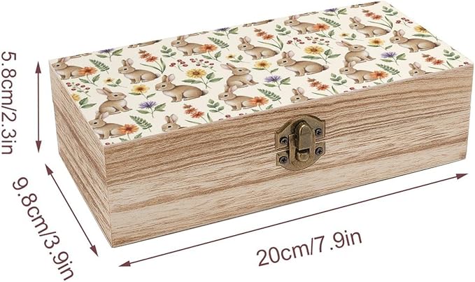 Wooden Keepsake Memory Box with Lid, Gift Organizer Case, Cute Rabbit | Bunnypattern Decorative Jewelry Storage Container, Birthday Party Favor Decor, 9.2x5.5x3.9 Inch