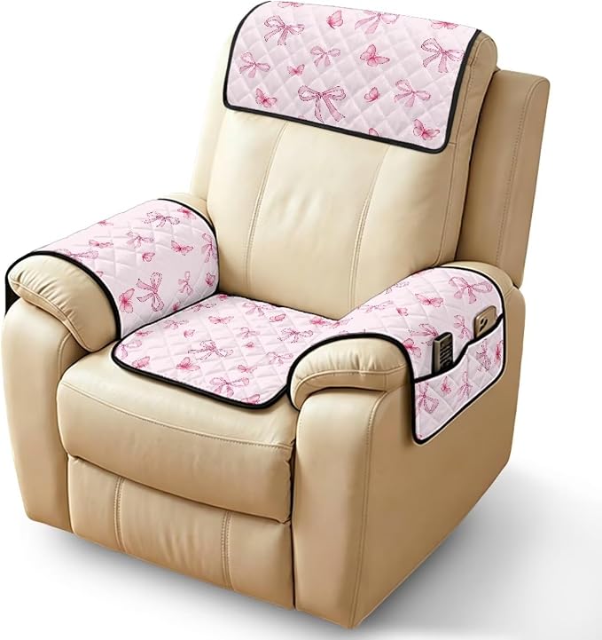 Pink Bow Recliner Slip Covers that Stay in Place 4 Piece | Quilted Recliner Chair Covers with Arms Stain Resistant Recliner Cover for Reclining Sofa Armchair,Non-Slip