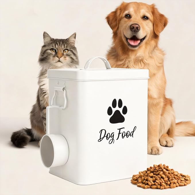 Dog Food Container 6.6lb, Cute Airtight Pet Treat Storage Containers with Metal Lid Scoop, Metal Storage Bin for Dog/Cat Durable Airtight Great Gift for Pet Owners-White