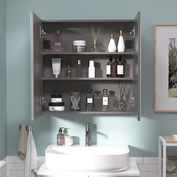 Reflexon 24x24 inch Bathroom Wall Cabinet, Storage Cabinet, Medicine Cabinet with 2 Door and Adjustable Shelves, Grey (Assembly Required)