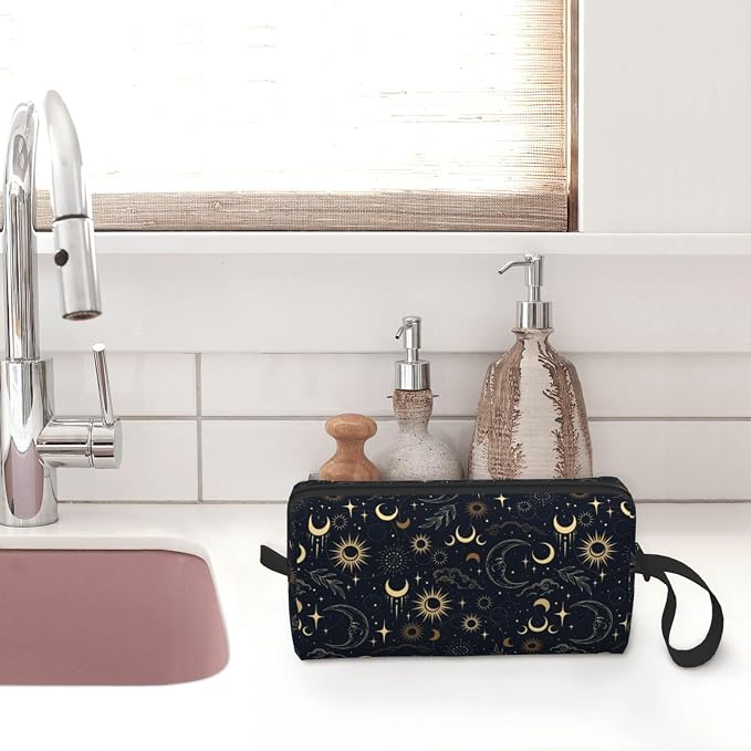 Vintage Astrology Sun And Moon Makeup Bag for Women | Small Travel Cosmetic Pouch with Zipper, Compact Makeup Organizer Bag for Purse, Toiletries, Skincare & Daily Essentials