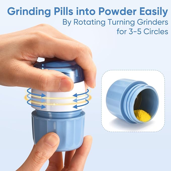 3-in-1 Pill Crusher and Cutter (Blue) | Pills Crusher Fine Powder with Stainless Steel Grinding Head, Storage for Tablets, Cutter Splitter for Small and Tiny Pills