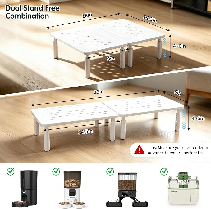 2 Pack Cat Food Stands, White Adjustable Stand for Cats & Dogs | Cat Feeder Stand, Pet Food Stand, 3 Adjustable Heights, 14.5 x 9 in Metal Stand, For Feeders & Waterers, Non-Slip Feet