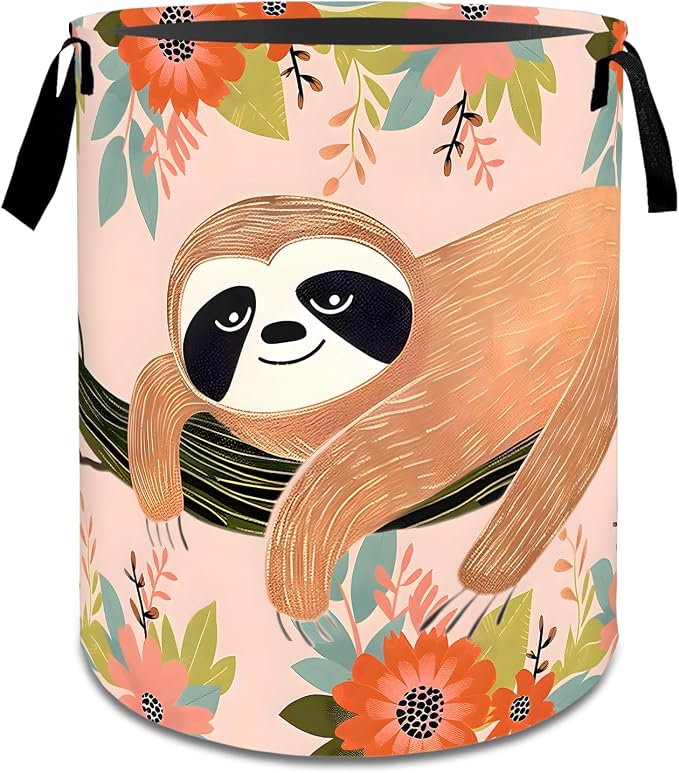 Playful Sloth Floral Laundry Basket,Dirty Clothes Hamper,Cute Animal and Flower Storage Bin Gifts,Foldable Waterproof Oxford Cloth Baskets for Bathroom,Bedroom,Home Decoration(19.7" x 15.7")