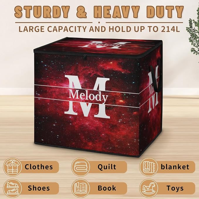 Personalized Name Foldable Storage Basket Cubes with Lid, Laundy Hamper Dirty Clothes Pet Toys Storage Bin with Handles for Shelf Home Closet Kitchen, Red Galaxy Universe with Initial Letter