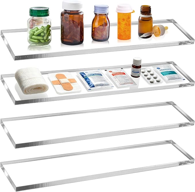 4 Pcs Medicine Cabinet Shelves 13.3 Inch Acrylic Medicine Cabinet Shelf Replacement for Living Room Bathroom Kitchen Wall Mounted Shelving Cabinet