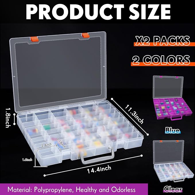 Juexica 2 Pcs 48 Grids Plastic Bead Organizer Box with Divider, Clear,Purple