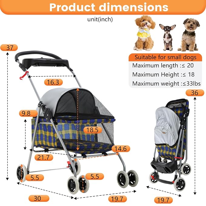 BestPet Foldable Pet Stroller for Small/Medium Dogs and Cats Up to 33 lbs | 4-Wheel Stroller Pet Strolling Cart w/ Breathable Mesh, Lockable Rear Wheels, Cup Holder/Tray & Storage Box, Yellow Plaid