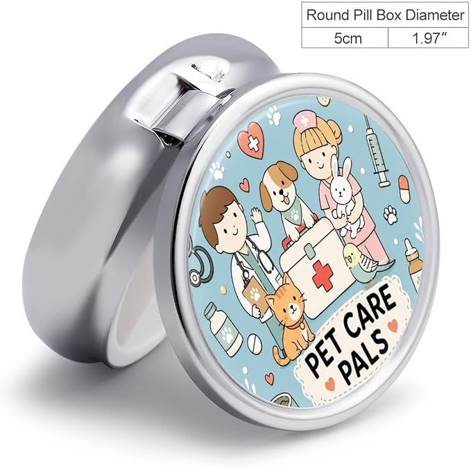 Friendly Pet Care Pals Poster Round Pill Box with 3 Compartments, Portable Travel Pill Organizer with Spring Snap Closure for Vitamins Supplements Fish Oil