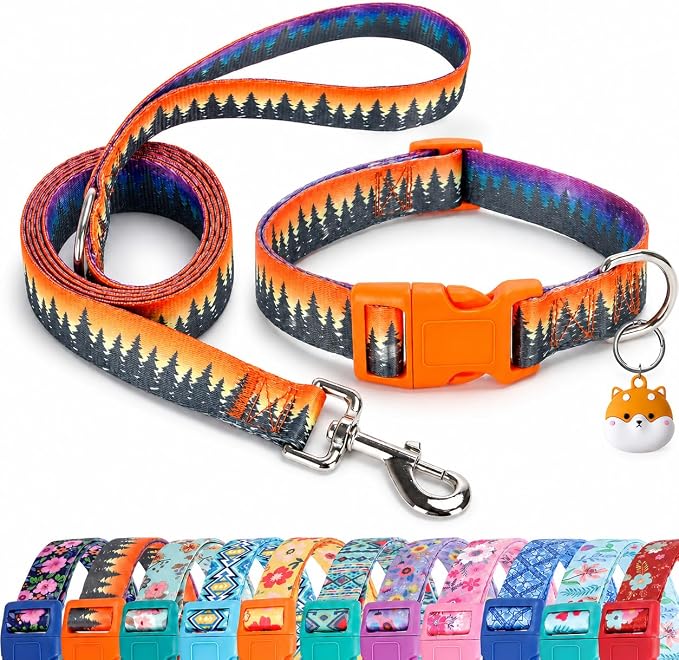 Matching Dog Collar and Leash Set with AirTag Holder-Forest/XS | Anti-Lost,Adjustable Durable Pet Collar Leash Combo for Puppy X-Small Boy Girl Dogs,Outdoor Walking Hiking Training Running