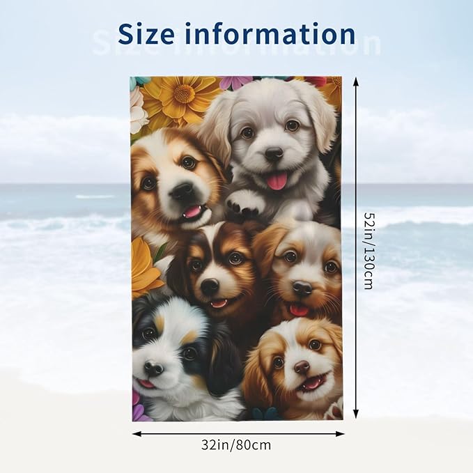 Puppies Beach Towel 31inx51in, Cute Dog Sand-Free Microfiber Bath Towel Ultra Soft Quick Dry Pool Towel Absorbent Towel Lightweight Towel for Swimming Bathroom Decor