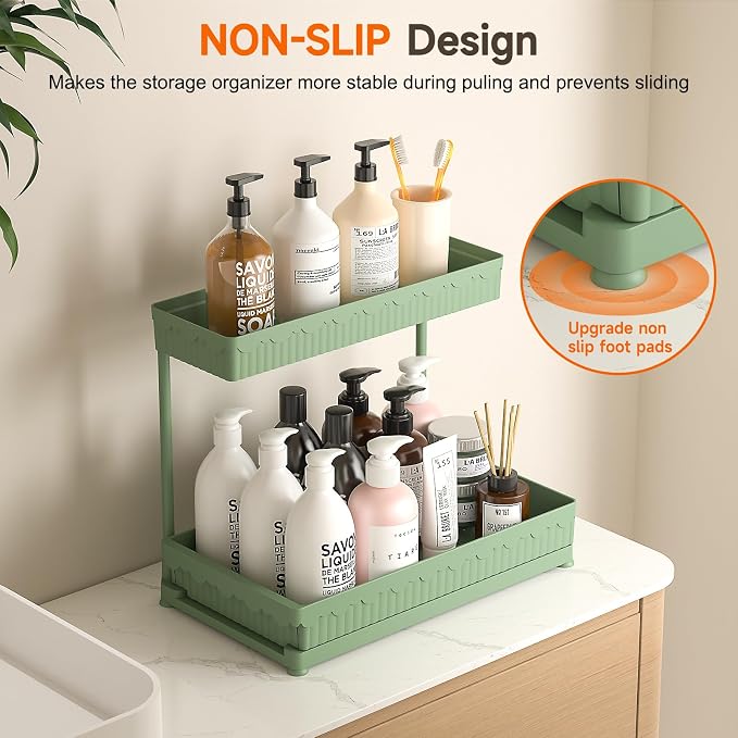 3-Pack 2-Tier L-Shaped Under Sink Organizers with Sliding Drawers | Multi-use kitchen & bathroom storage, 12.85 inch green cabinet organizer, space-saving sliding drawer design.