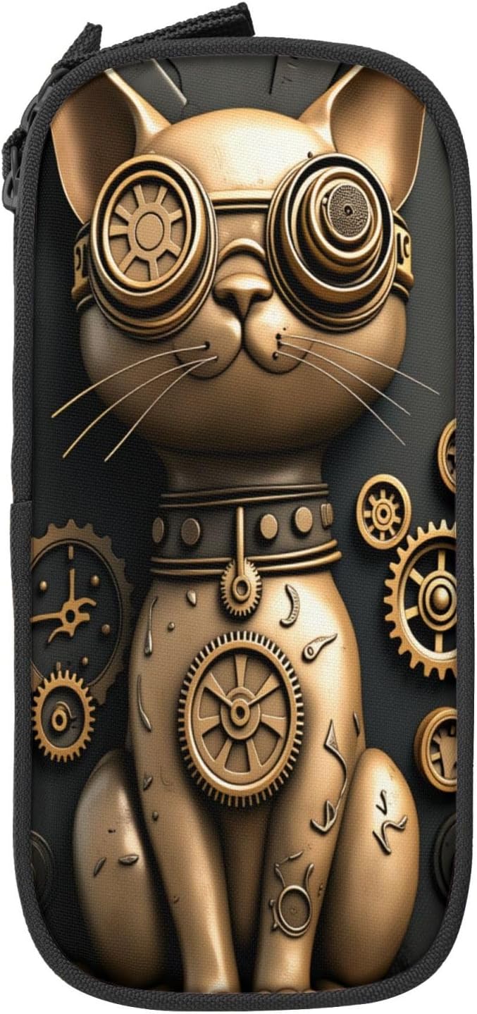 Steampunk Cat Pencil Pouch, Oxford Cloth Pen Case With Double Zipper Compartments, Portable Stationery Organizer For Office Supplies, Travel Accessories Makeup Items