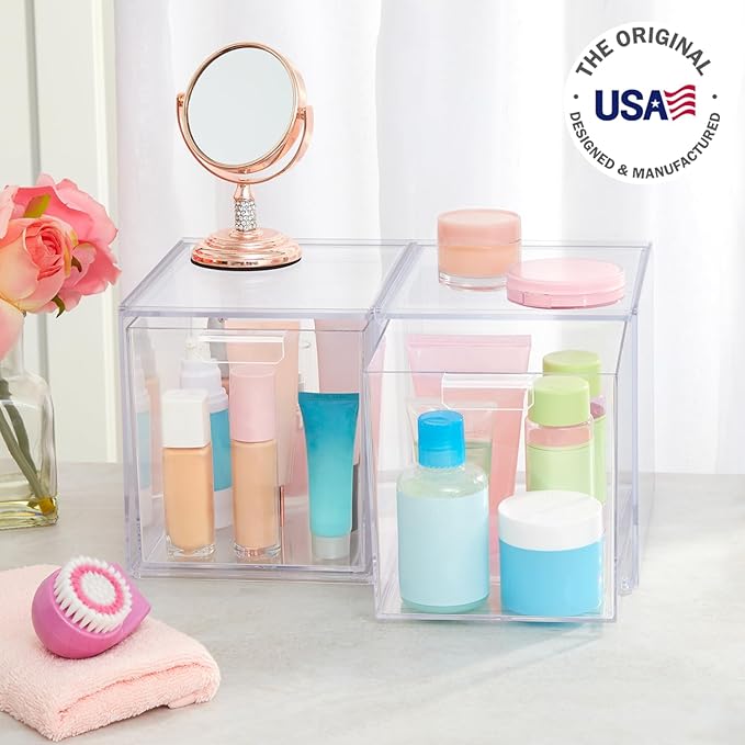 STORi Audrey Stackable Bin Clear Plastic Organizer Drawers | 2 Piece Set | Organize Cosmetics and Beauty Supplies on a Vanity | Made in USA (Pack of 6)