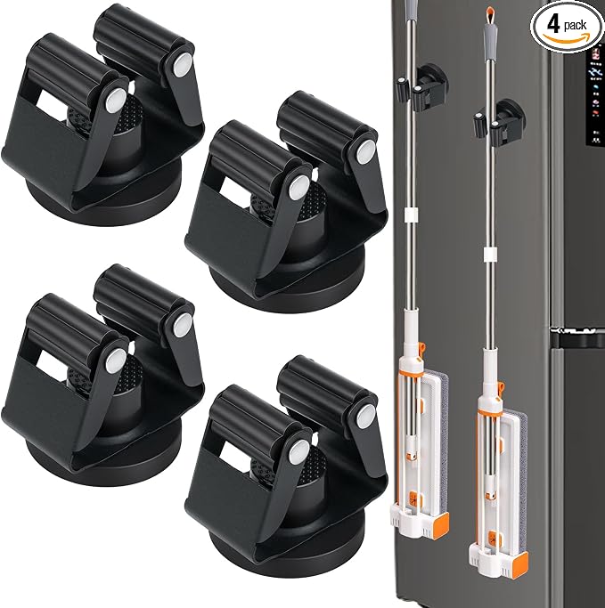 4PCS Magnetic Broom Mop Holder Wall Mount,No Drill Tool Organizer With Anti-Slip Rollers for Garage Kitchen RV Home Laundry Workshop, Anti-Rust Clips No Damage Installation (Black 4pcs)