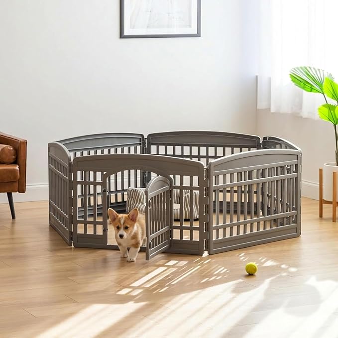 IRIS USA 6-Panel Dog Playpen with Door, Pet Enclosure, Gray | Heavy Duty Plastic, Multiple Pets, Indoor Outdoor, Portable, Foldable Design, Easy Assembly