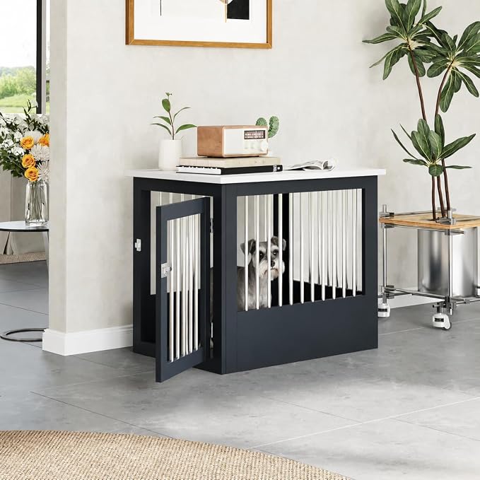 30" Wooden Dog Crate Furniture,Medium Kennel Pet Cage End Table for Indoor | for Small Medium Dogs, Grey and White, Fits Living Room Bedroom, Heavy Duty Steel Frame with Lock 45 lbs Cap, 100 lbs Top.