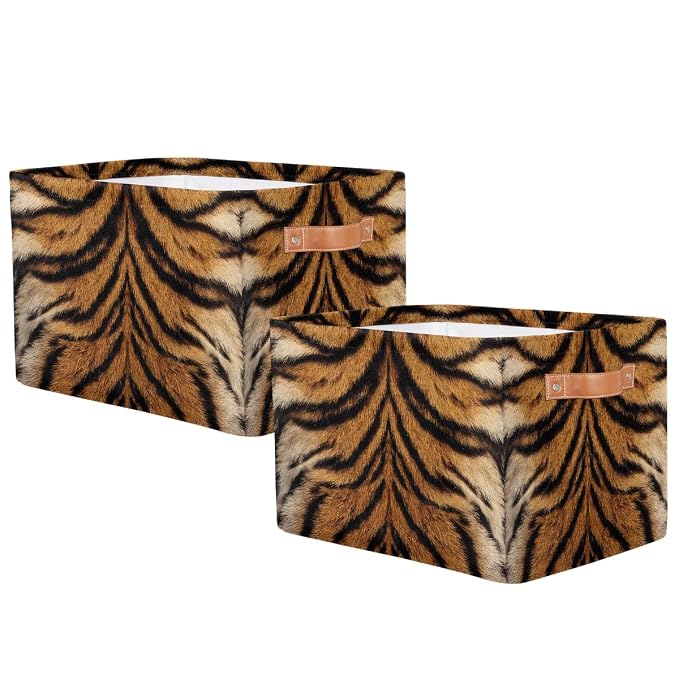 AUUXVA SEULIFE Animal Tiger Leopard Print Foldable Storage Basket, Large Collapsible Organizer Storage Bin Cube Toys Storage Boxes with Handles for Bathroom Kids Nursery Closet Storage, 2 Pack