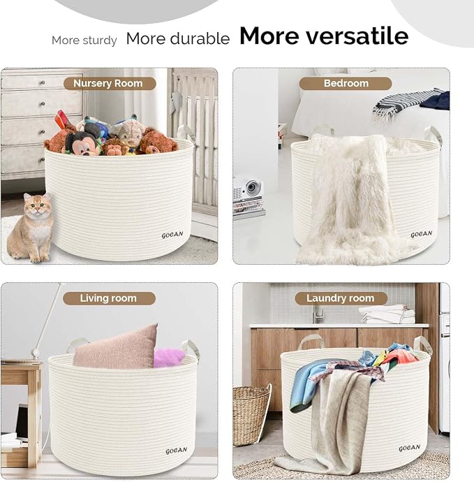 Cotton Rope Woven Laundry Basket 22"X 22"X 14" with handles（Cream）XXXL | Hand-woven, ideal for storing blankets and cushions in the living room, and clothes for household storage.