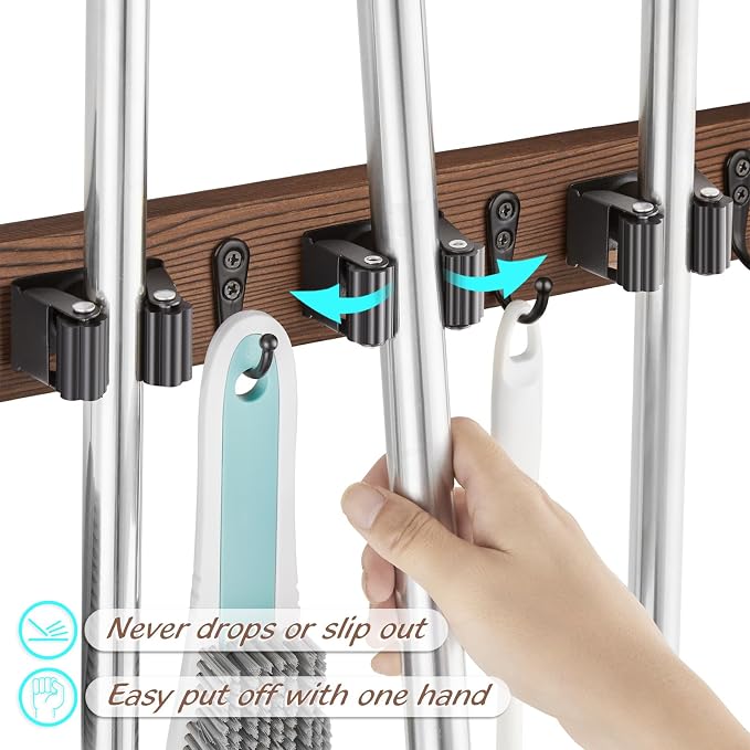 OUTNILI 2 Pack Mop Broom Holder Wall Mount with 3 Slots & 4 Hooks - Rustic Wood Broom Mop Hanger for Pantry Kitchen Organization - Garden Tool Organizer for Closet Laundry Room