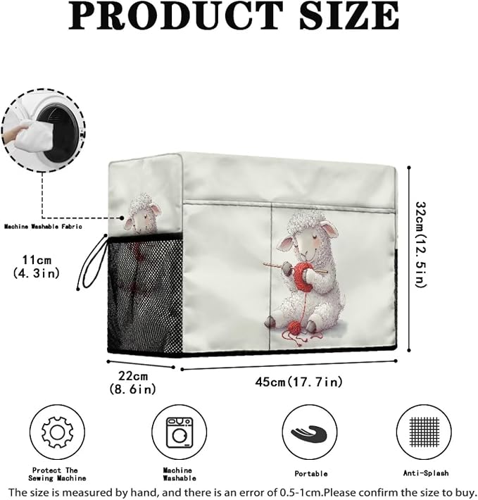 Cute Knitting - Sheep Sewing Machine Cover,Protective Cover with Side Handle and Sewing Essentials Pockets,Dust & Pet Hair Protection,Fits Standard Singer & Brother Machine(Off-White)