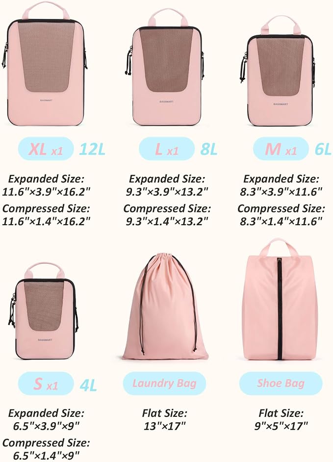 BAGSMART Compression Packing Cubes for Travel, 6/5/4set Lightweight Packing Organizers, Summer Travel Essentials Suitcase Organizer Bags Set