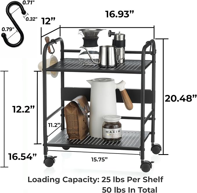 2-Tier Metal Rolling Cart, Compact Under Desk Storage Organizer | 12.2" clearance fits binders and tall bottles, compact mobile shelf with anti-drop guard for home or office. Black.