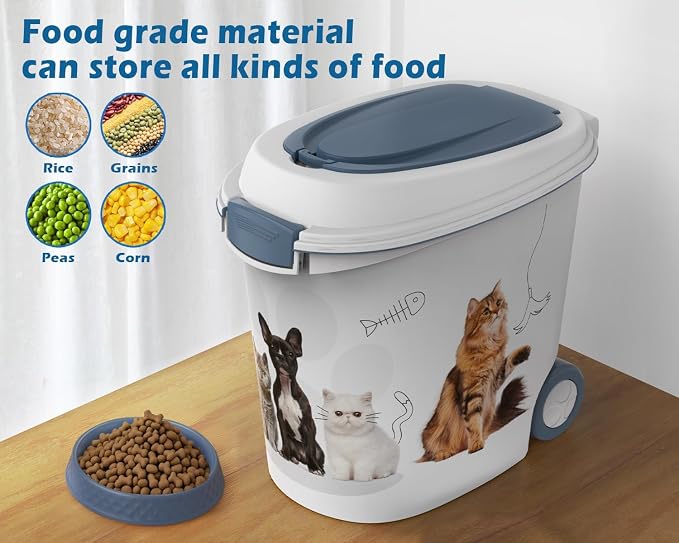 DRATO Pet Food Storage Container with Wheels 30LB Capacity | Resin, Slow Feeder Bowl and Scoop, Easy to Move, Keep Food Fresh, For Dogs, Cats, Birds