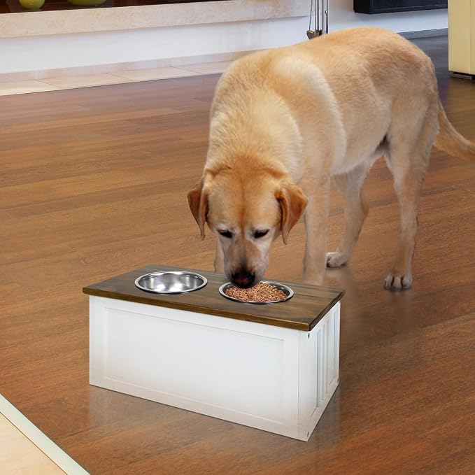 HomeStock Old World Opulence Pet Feeder Storage Stand, Warm Brown Top, Solid Wood Build, Flip-Up Lid with Hidden Storage, 11" Height, Includes 2 Removable Aluminum Bowls for Food and Water