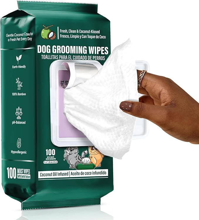 ATIFBOP Dog Wipes for Paws and Butt, Aluminum Moisture-Lock Seal, Hypoallergenic Pet Grooming Wipes, 100 Wipes for Cleaning & Grooming Moisturizing Coconut
