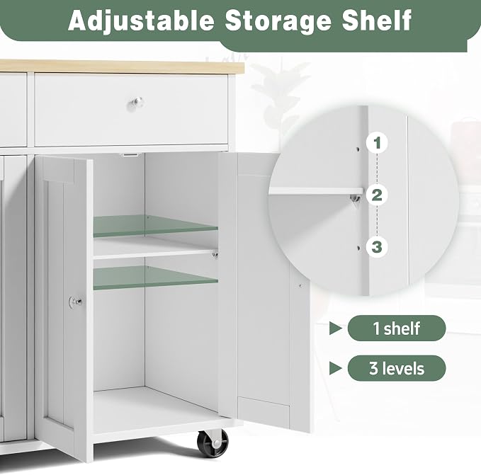 JY QAQA 39" Rolling Kitchen Island Cart on Wheels, Mobile Storage Cabinet with 2 Drawers & Double Door Cabinet, Cart Handle for Towel Rack or Free Mobility, Portable Islands for Kitchen, White