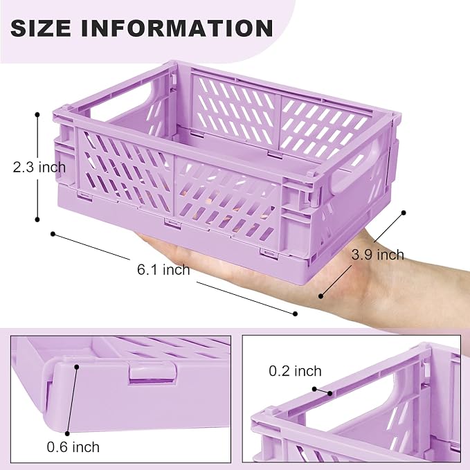 Tobeso-Nuoze Mini Pastel Plastic Storage Baskets 2 Pack Collapsible Crates | for Organizing Space-Saving Bins for Kitchen, Office, Bedroom (Purple, Small: 5.8"x 3.8" x 2.2")
