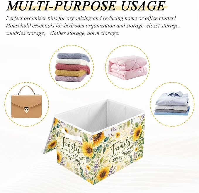 Sunflower Fabric Storage Bins with Lid Foldable Storage Boxes 40L Baskets | Foldable & Stackable, Flip Top Dust Guard, Reinforced Handles, Home & Bedroom, Clothes & Toys, Oxford Print Basket